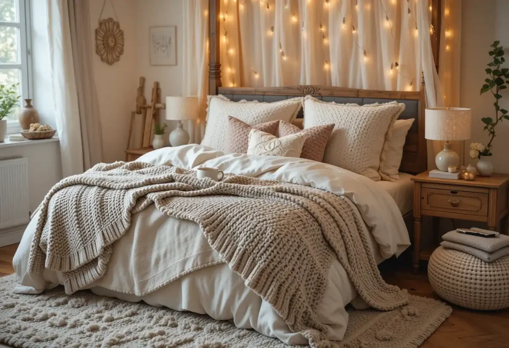 "Sunlit cozy bedroom with layered bedding, candles, books, and warm soft textures in a tranquil setting."