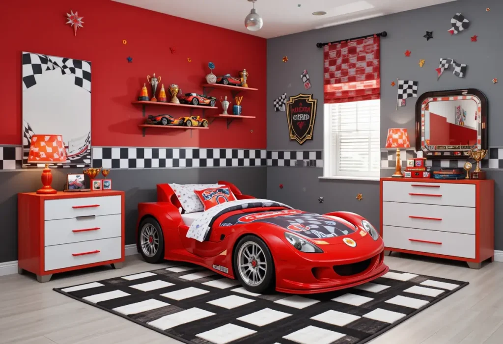 “Red race car bed in a boys’ bedroom with checkered flag decor, toy car shelf, and racing theme.”

