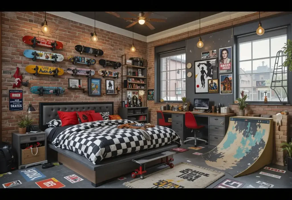 “Urban skater boys’ bedroom with graffiti walls, skateboard racks, brick wallpaper, and bold industrial design.”