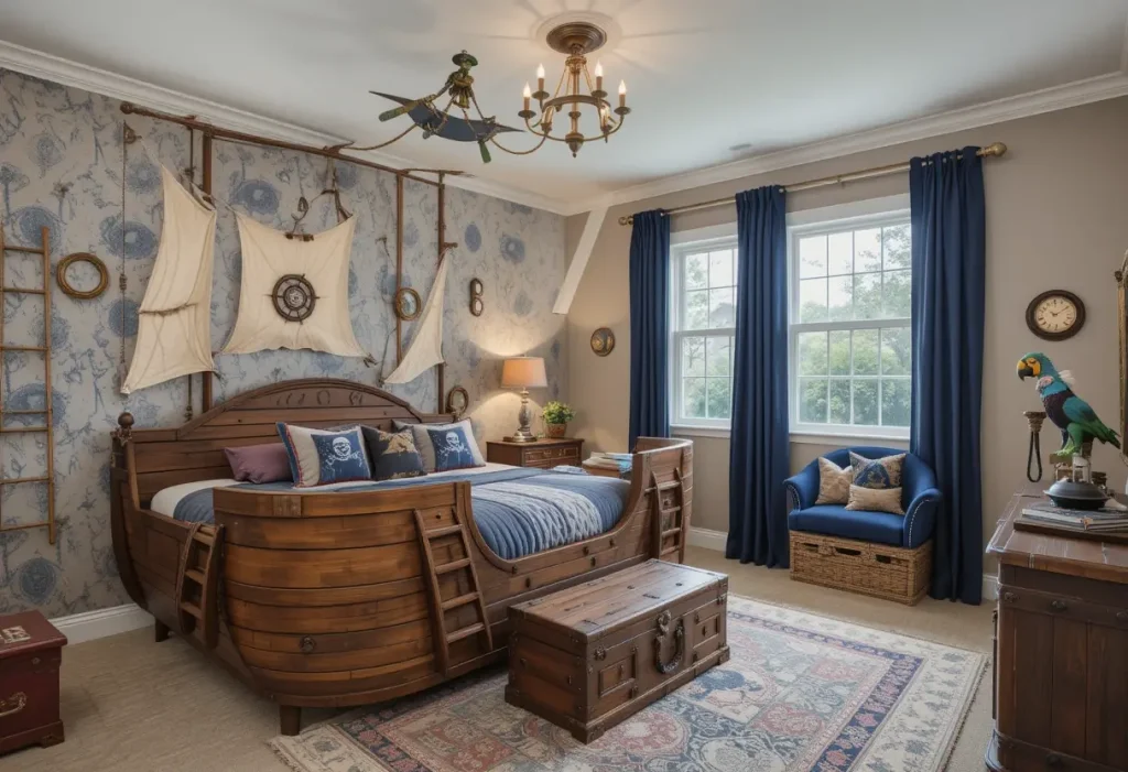 "Pirate-themed boys’ bedroom with ship bed, treasure chest toy box, and nautical wall decor."