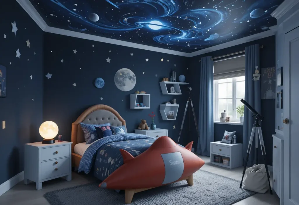 "Space-themed boys’ bedroom with galaxy walls, astronaut bedding, rocket bed, and moon lamp."