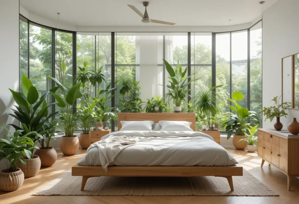 "Urban jungle-style bedroom with abundant greenery, earthy materials, and natural light"


