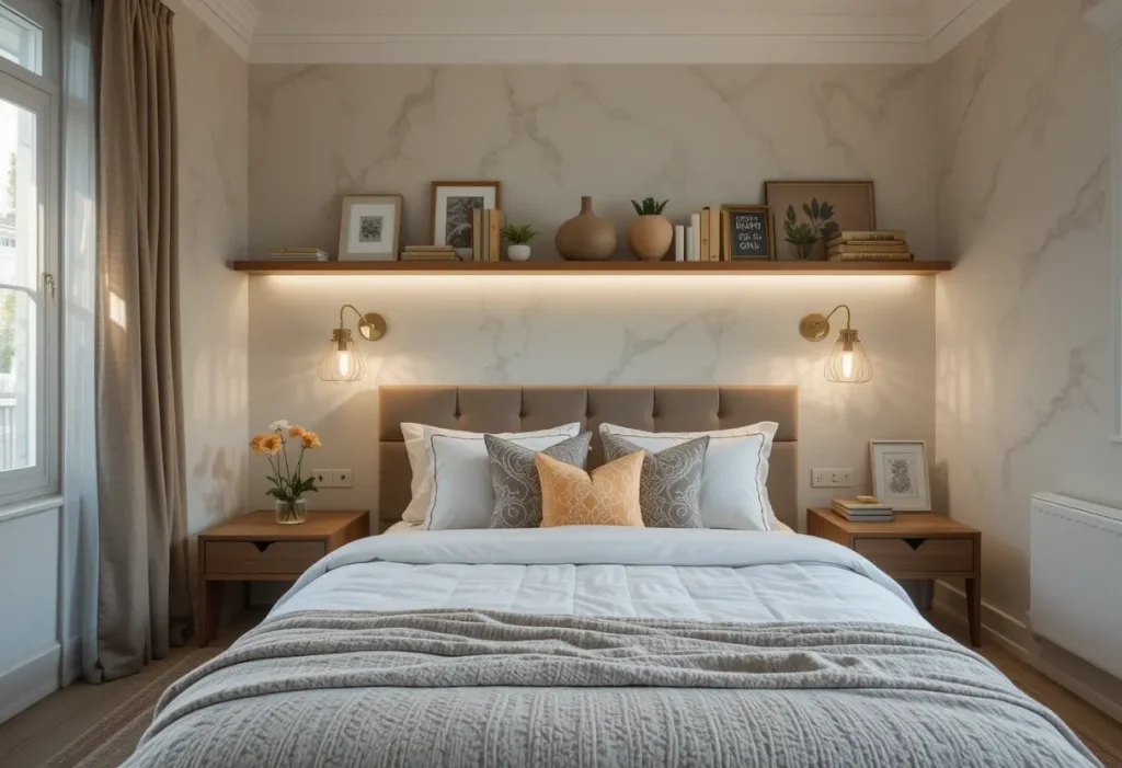 "Compact bedroom with floating nightstands and warm ambient lighting"

