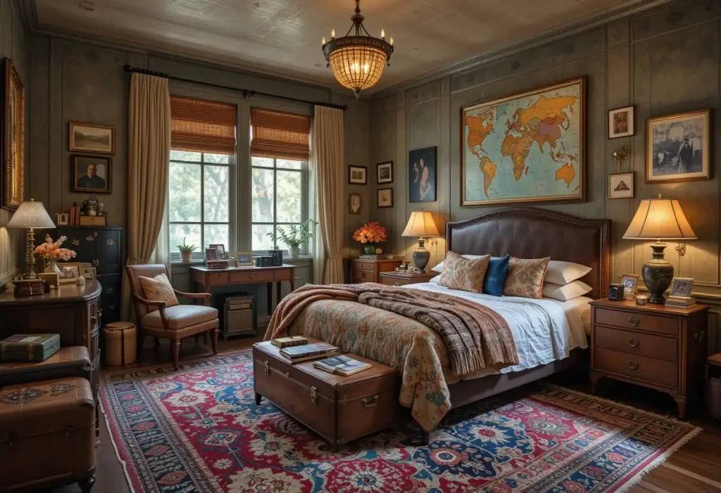 "Guest room with global decor including Moroccan rug, vintage suitcase nightstand, map wall art, and eclectic travel-themed accents."