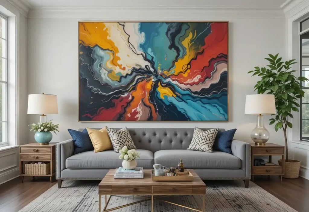 
Wall-mounted floating shelves above a bed, styled with books, plants, and candles.
