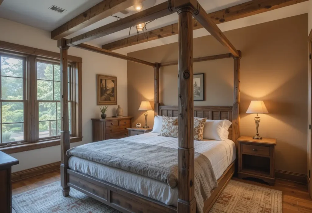 “Stay Awhile” farmhouse sign above the headboard in a cozy rustic guest room.