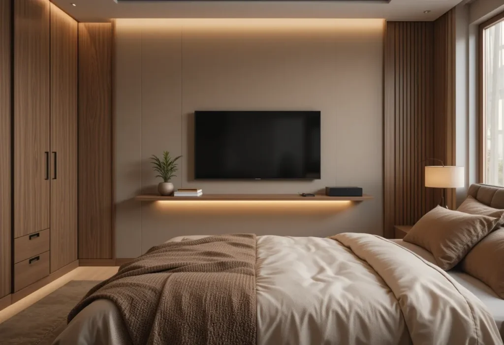 A warm-toned brown bedroom with a wall-mounted TV above a minimalist floating shelf, decorated with a plant and books; the space features earth-tone bedding, soft lighting, and wood accents for a cozy, modern aesthetic.

