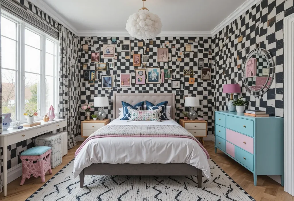 Trendy bedroom wall with black and white checkerboard wallpaper and pastel-toned furniture.