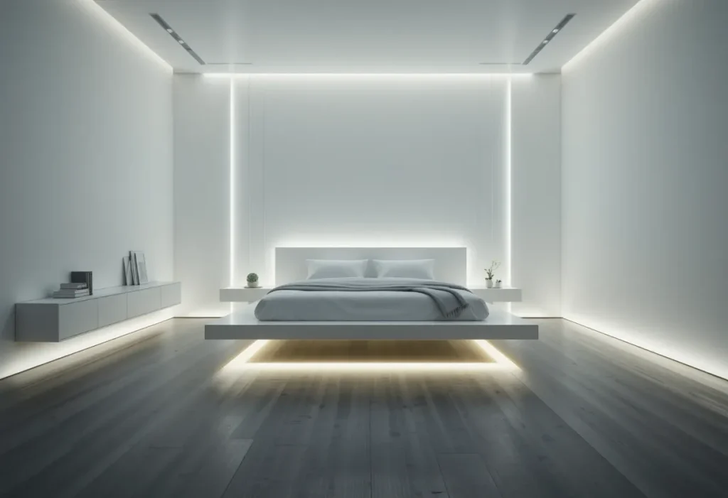 Minimalist bedroom with a modern floating bed glowing from underneath, surrounded by clean white walls and soft ambient lighting on dark flooring.

