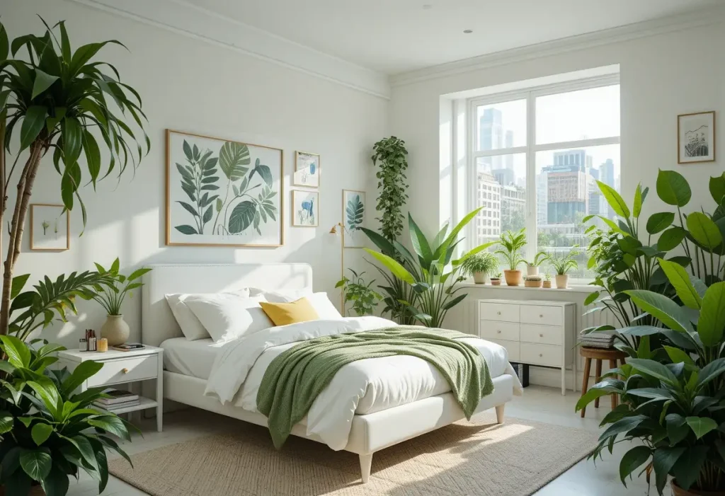 "White bedroom furniture surrounded by lush greenery and indoor plants for an urban jungle look"