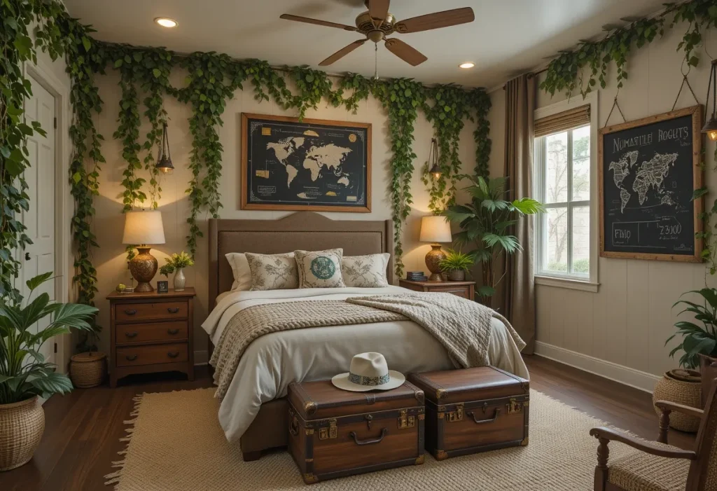 Full kids' bedroom decorated with jungle explorer theme, featuring vintage trunks, safari props, faux vines, and chalkboard map walls in earthy tones.