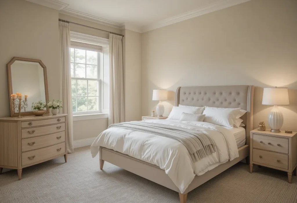 A guest bedroom with beige walls, ivory bedding, and light wood furniture, creating a soft and calming neutral look.