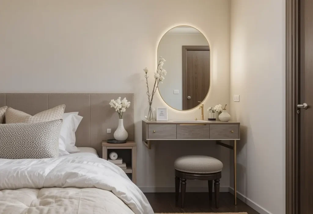 Compact vanity with a hidden pull-out mirror and clean tabletop in a small, modern space.