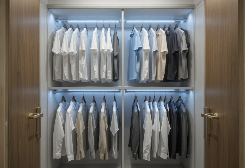 Closet with two-tier hanging rails efficiently displaying clothes.