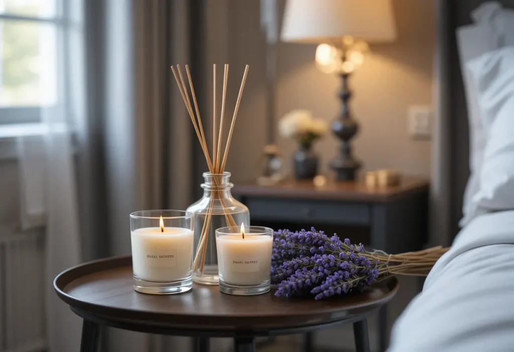 A bedside table with a glass reed diffuser and a soy candle beside a mini bouquet of dried lavender in a cozy, modern guest room.