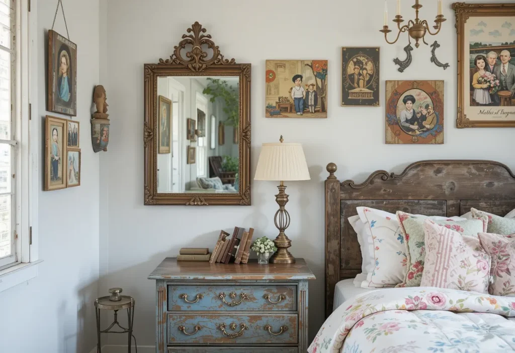 Eclectic bedroom corner with a vintage mirror, distressed furniture, and antique decor adding unique charm.