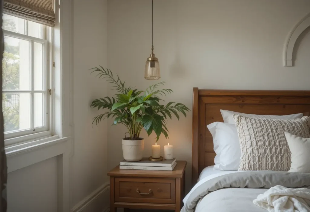 A guest room styled with a single potted plant, candle, and two decor books on a nightstand in a clean, modern setup.