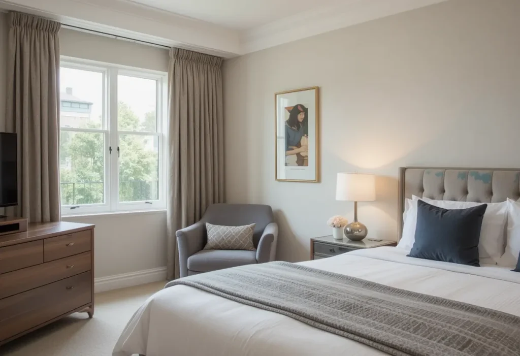 Guest bedroom corner view with an accent chair next to the bed, styled with a pillow, soft lighting, and neutral surroundings.