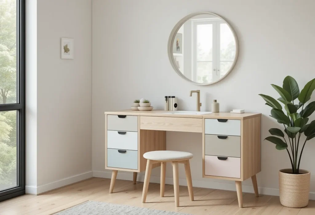 Scandinavian-style vanity with pastel drawers, natural wood, and a round mirror in a sunlit bedroom.