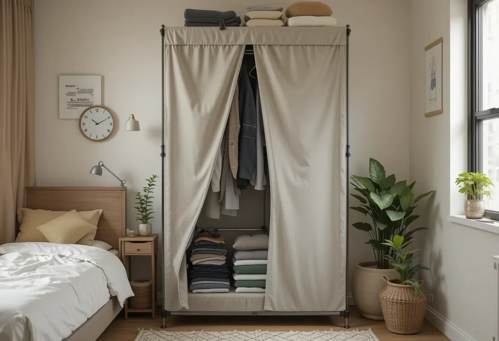 Lightweight zip-up fabric wardrobe in the corner of a small room.