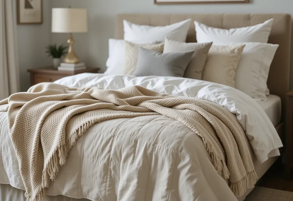 A plush, layered guest bed with white sheets, a beige quilt, a cozy throw blanket, and a stack of pillows in coordinating colors.