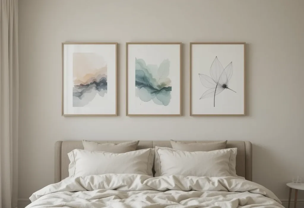 Minimalist bedroom wall featuring soft, muted artwork in earthy tones, framed simply for a clean and serene feel.