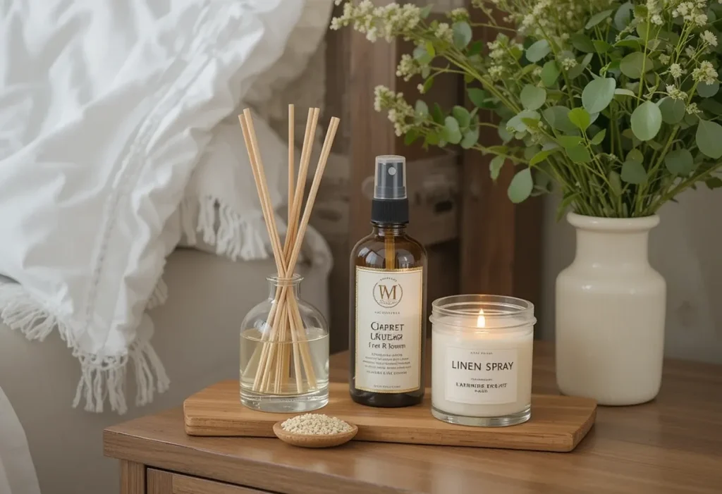 A bedside table featuring a reed diffuser, soy candle, and linen spray bottle for a fresh and cozy atmosphere.