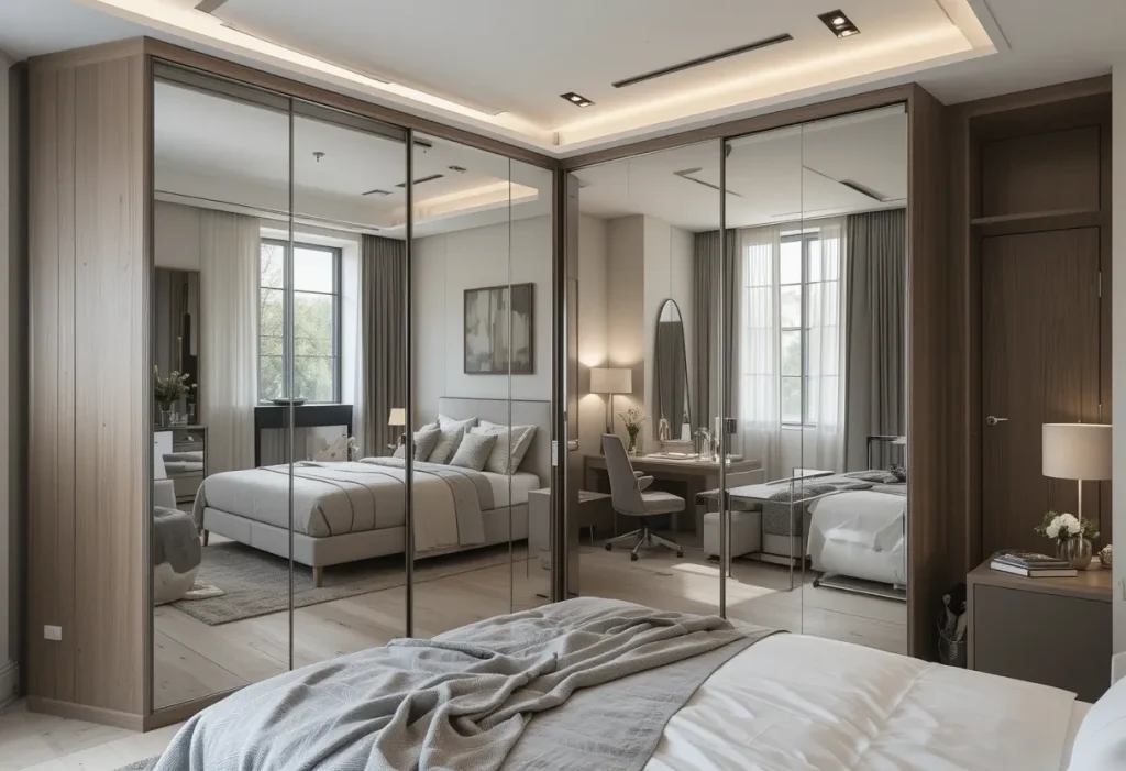 Contemporary wardrobe with full-length sliding mirror doors.