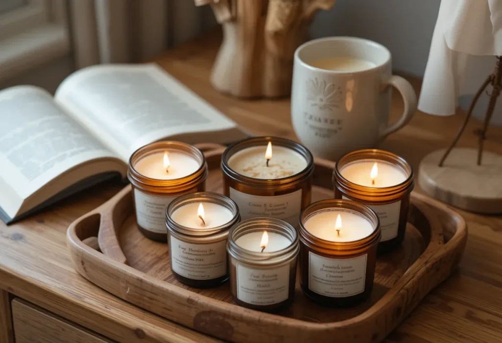 A tray of softly glowing scented candles on a nightstand, next to a warm drink and book, creating a peaceful atmosphere.