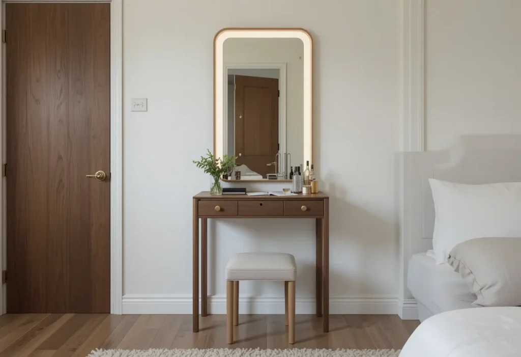 Ultra-slim vanity table with a small stool and essential items in a tight bedroom space.