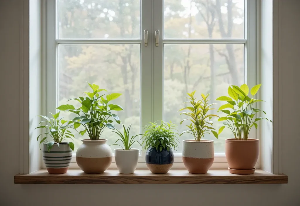 A windowsill or floating shelf in a guest room with a collection of 3–5 small potted plants in ceramic and terra cotta planters.