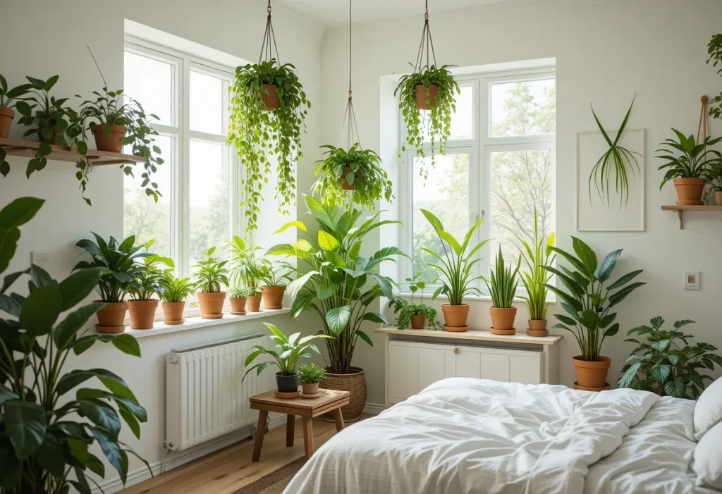 Various houseplants — both potted and hanging — adding natural greenery and softness to a cozy bedroom corner.