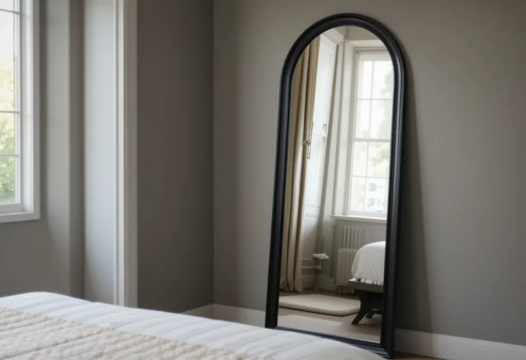 A sleek arched mirror with a black frame leaning against a wall, reflecting light and enhancing the space visually.