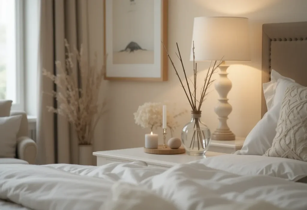 Wide-angle guest room view with a dresser featuring a minimalist scent diffuser or candle, cozy bedding, and neutral decor.