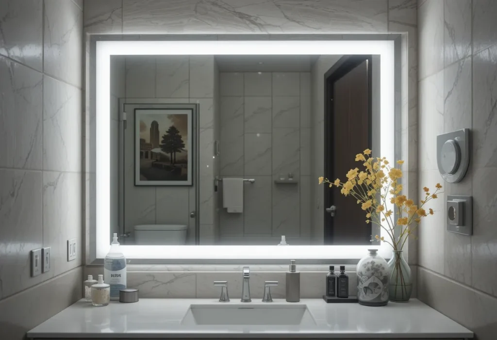 Vanity with mirror framed in LED strip lights for even, bright makeup lighting in a compact room.