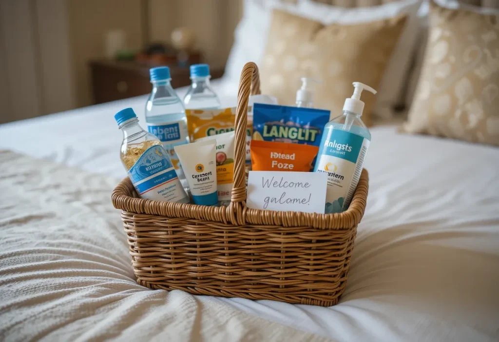 A woven welcome basket on the guest bed, filled with water bottles, snacks, toiletries, and a handwritten welcome note.