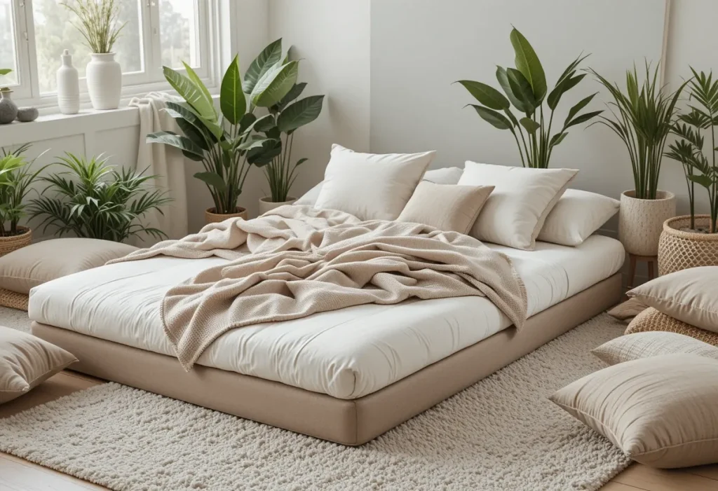A modern minimalist floor mattress styled with neutral linens, pillows, and soft lighting, grounded by a textured rug.