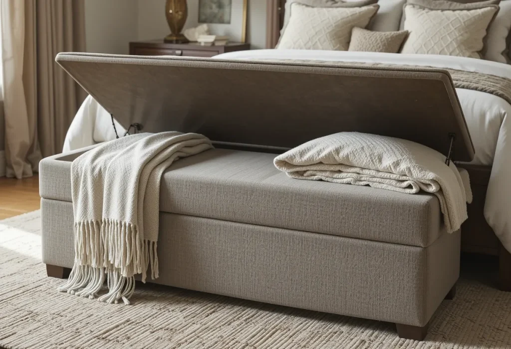 An upholstered bench with hidden storage at the foot of the bed, neatly holding extra pillows and blankets.