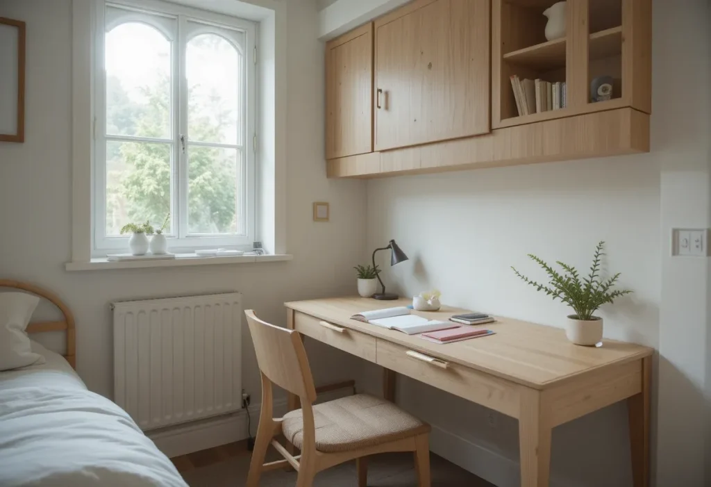 A compact guest bedroom with a light wood writing desk and a cozy chair, styled with a small lamp, notebook, and plant.