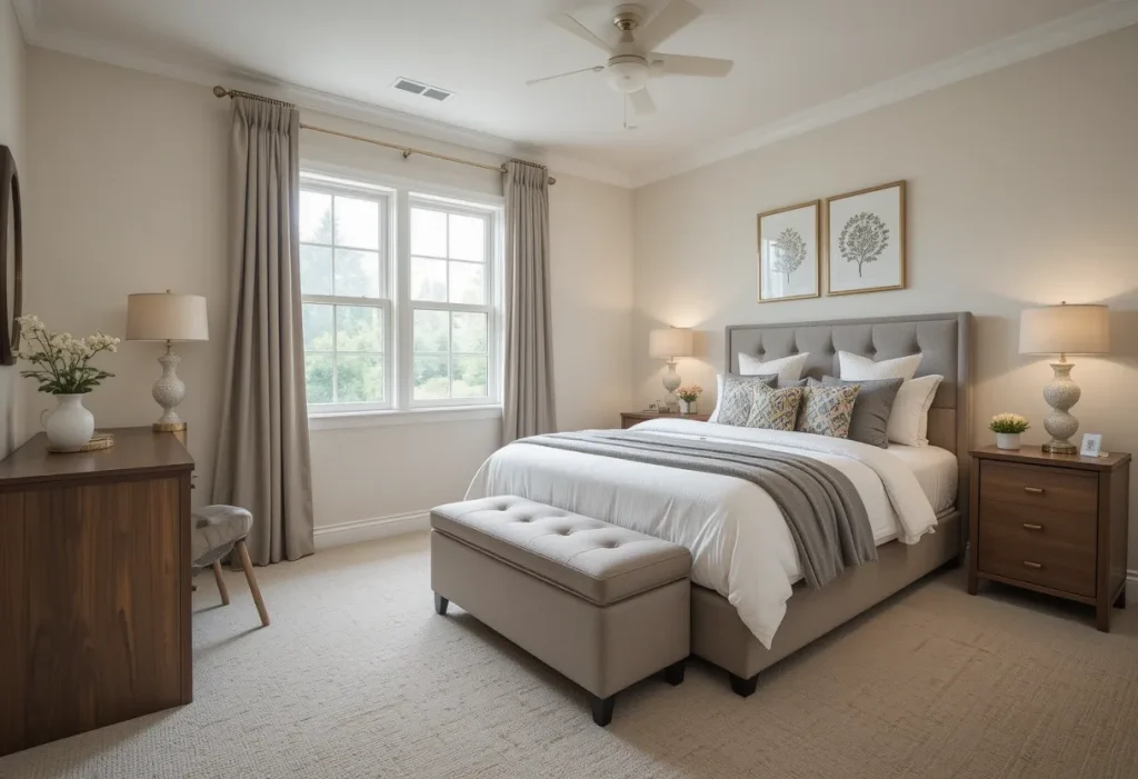 Bedroom with a sleek storage bench at the foot of the bed and a desk-vanity combo, showing practical furniture choices for small spaces.