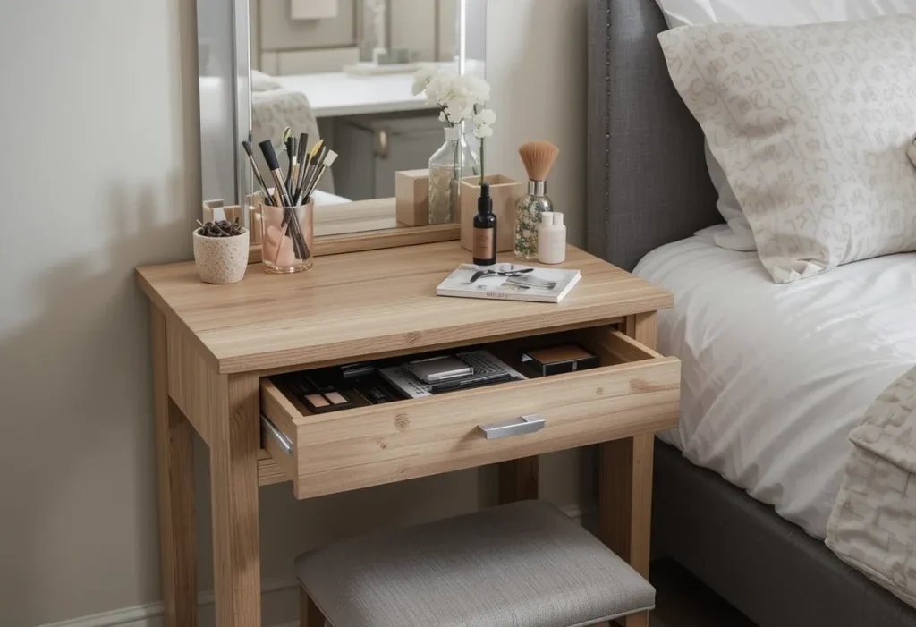 Nightstand beside a bed doubling as a vanity with a mirror above and stool beside.