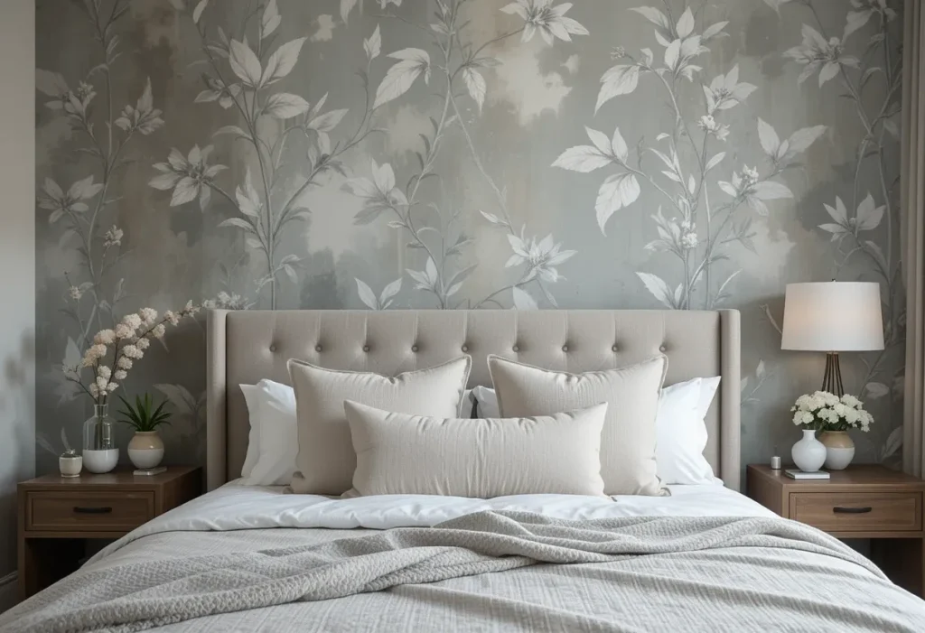 A nightstand featuring a smart speaker, charging port, and a small framed WiFi password sign for guests.