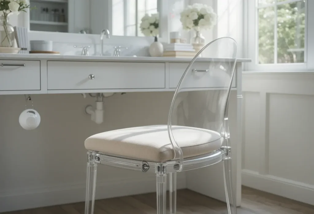 Transparent acrylic chair with a cushion placed at a minimalist vanity in a small modern room.
