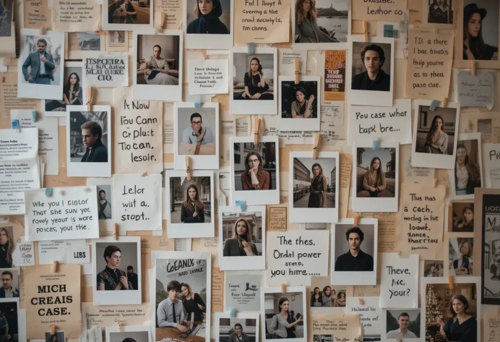 A creative wall collage with Polaroids, quotes, clippings, and art prints arranged in a mood board grid.