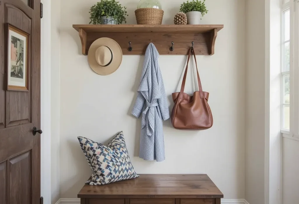 A guest room wall with wooden peg rails holding a hat, robe, and a tote bag, styled above a small storage bench.