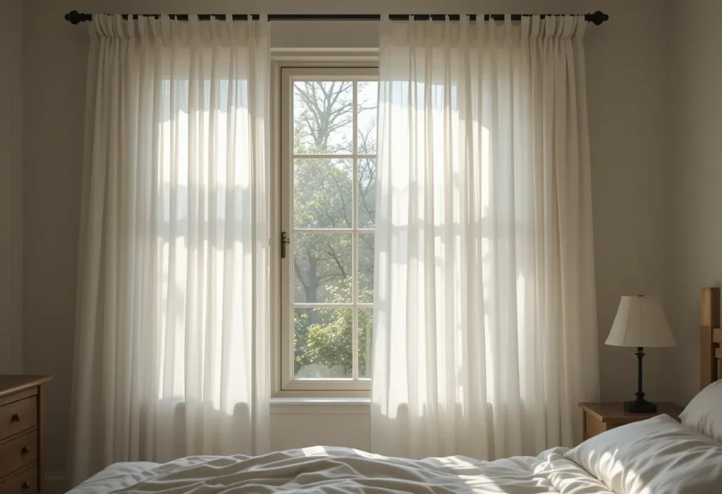 White gauzy curtains hanging high and wide over a window, letting in diffused natural light and soft movement.