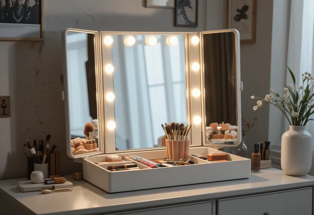 Foldable LED vanity mirror open on a table with small compartments for makeup tools.