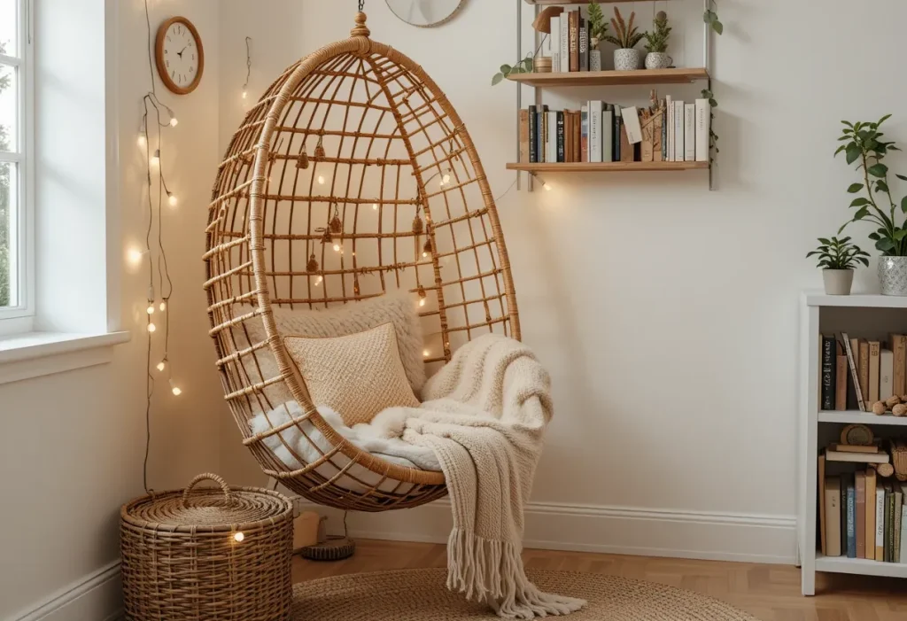 A woven hanging chair in the corner of a room, with a cushion, cozy throw, and soft ambient lighting nearby.