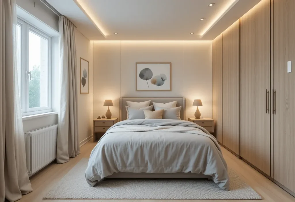 Full-room view of a guest bedroom with beige and soft white tones, minimal furniture, layered linen textures, and light wood accents for a calm, spacious feel.