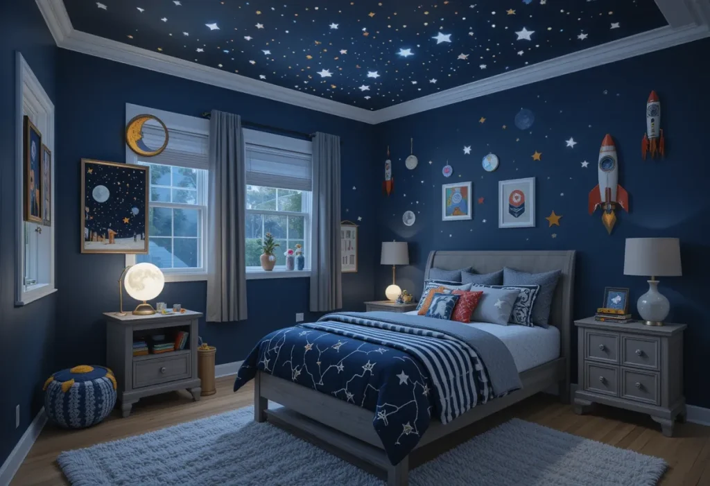 Boys’ space-themed bedroom with navy walls, glow-in-the-dark stars, moon lamp, constellation bedding, and rocket mobiles hanging from ceiling.